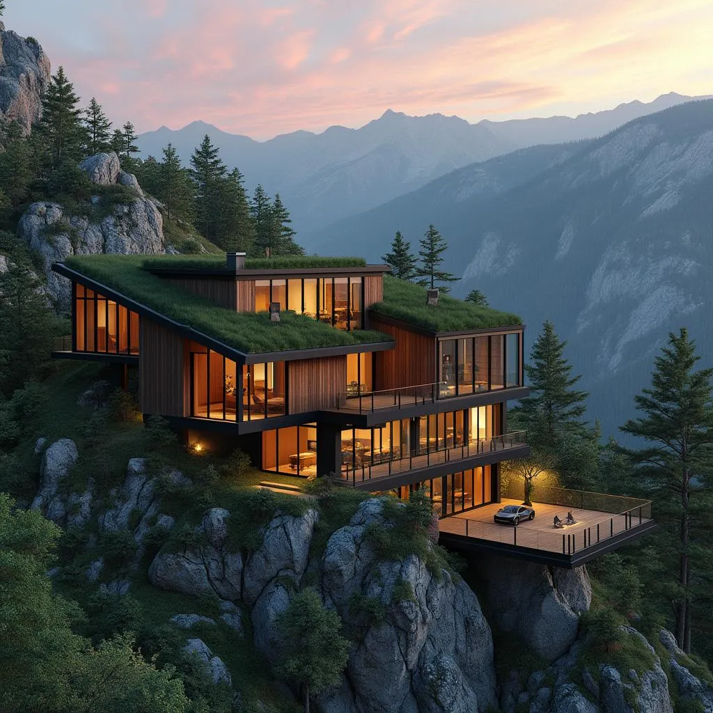 Casa moderna integrada en ladera montañosa