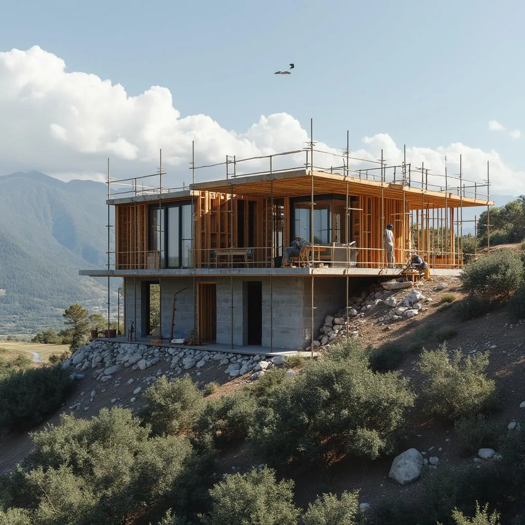 Residencia en construcción en ladera montañosa