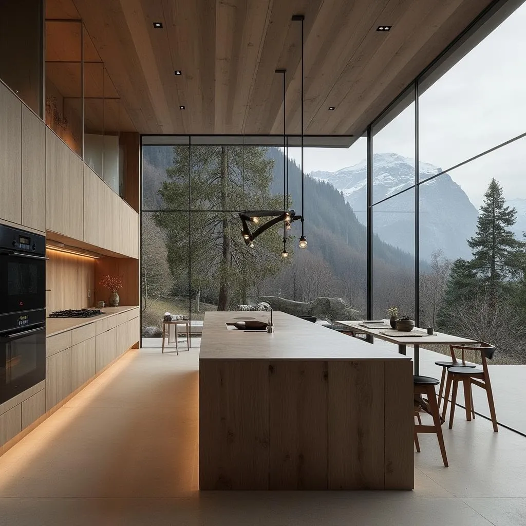 Diseño de cocina integrada con elementos naturales
